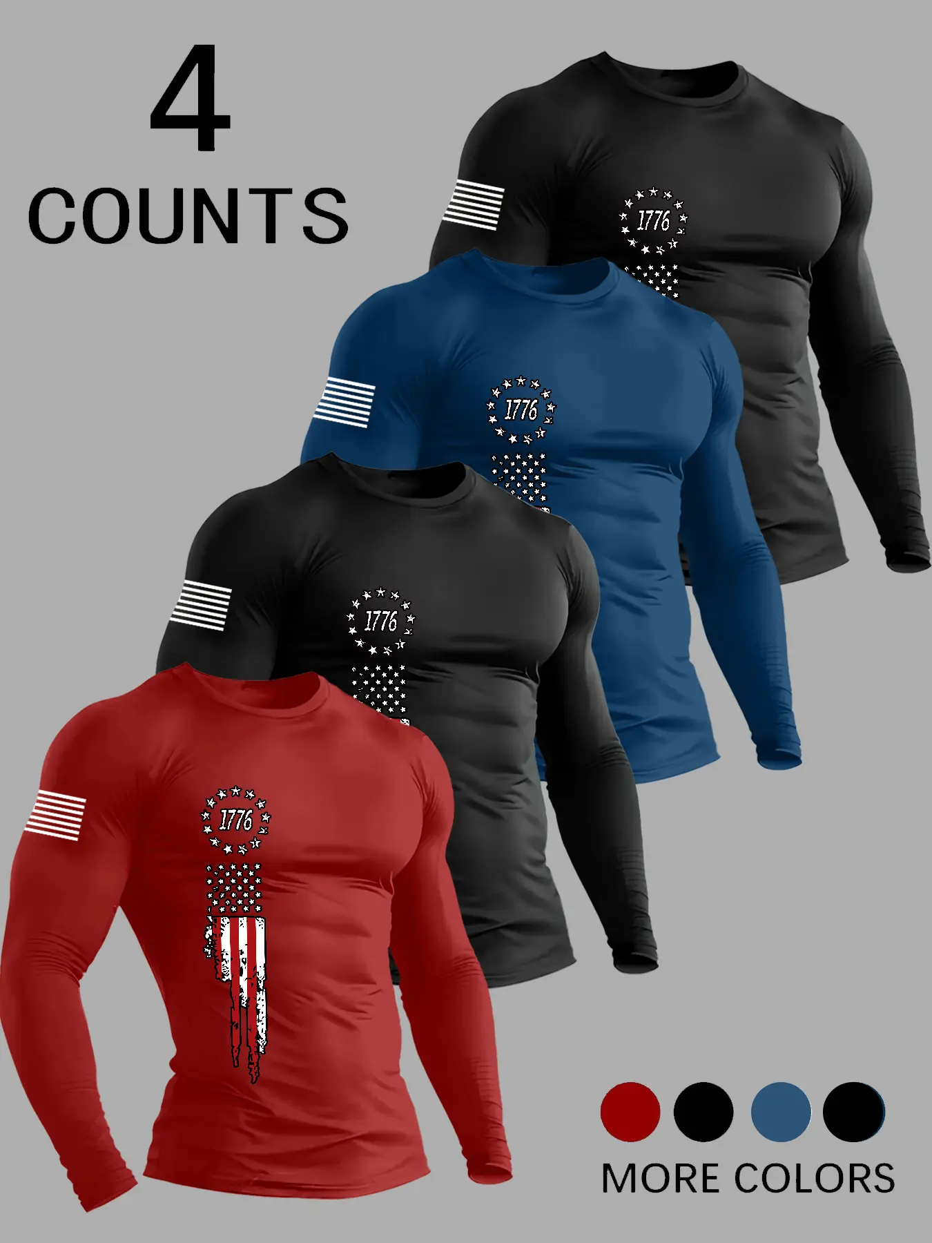 Classic Men's All-Season Crew Neck Long Sleeve Fitted T-Shirt, Tee, Flag Print Design, Casual Outdoor Wear, Soft Polyester Knit