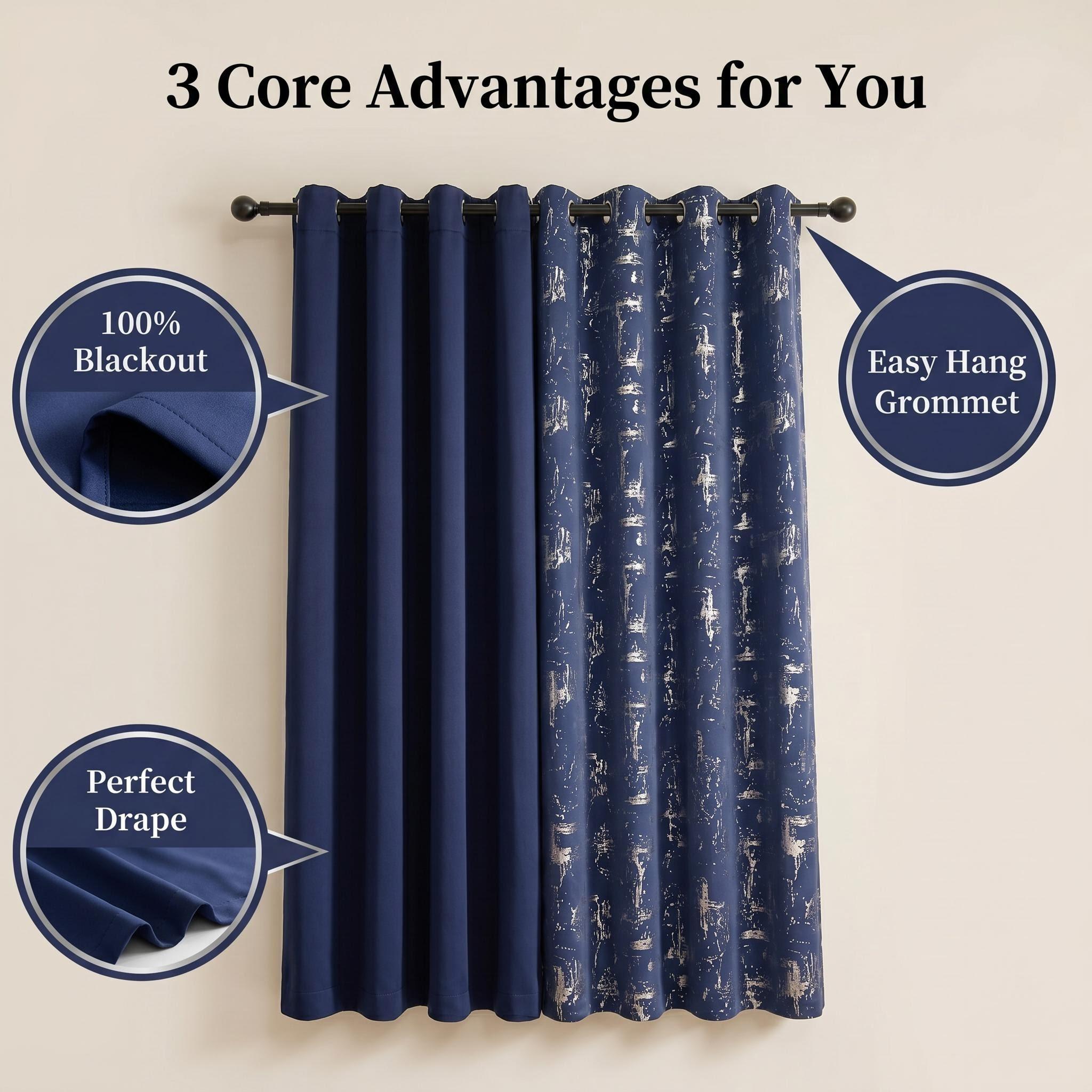 4-Panel 52"x84" Grommet Curtains Combo (2 Solid Blackout + 2 Foil Metallic Printed), Thermal Insulated Noise-Reducing Window Drapes, Room Darkening for Bedroom Living Room, Machine Washable QF222 & QF639, Blackout Curtains