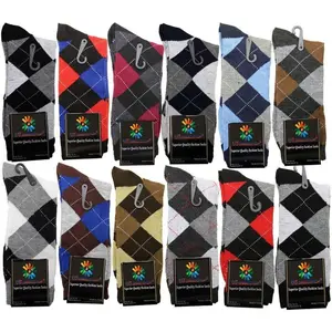 Mens Cotton Argyle Striped Solid Ribbed Black Crew Dress Socks