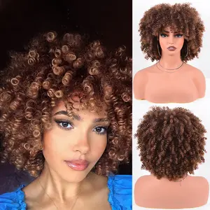 Afro Curly Wig with Bangs Soft and Bouncy Full Machine Made Wigs 10Inches 70s Afro Wigs for Black Women 230g/Piece Heat Resistant Big Afro Kinky Curly Synthetic Wig Glueless Short Kinky Curly Wigs for Daily Party