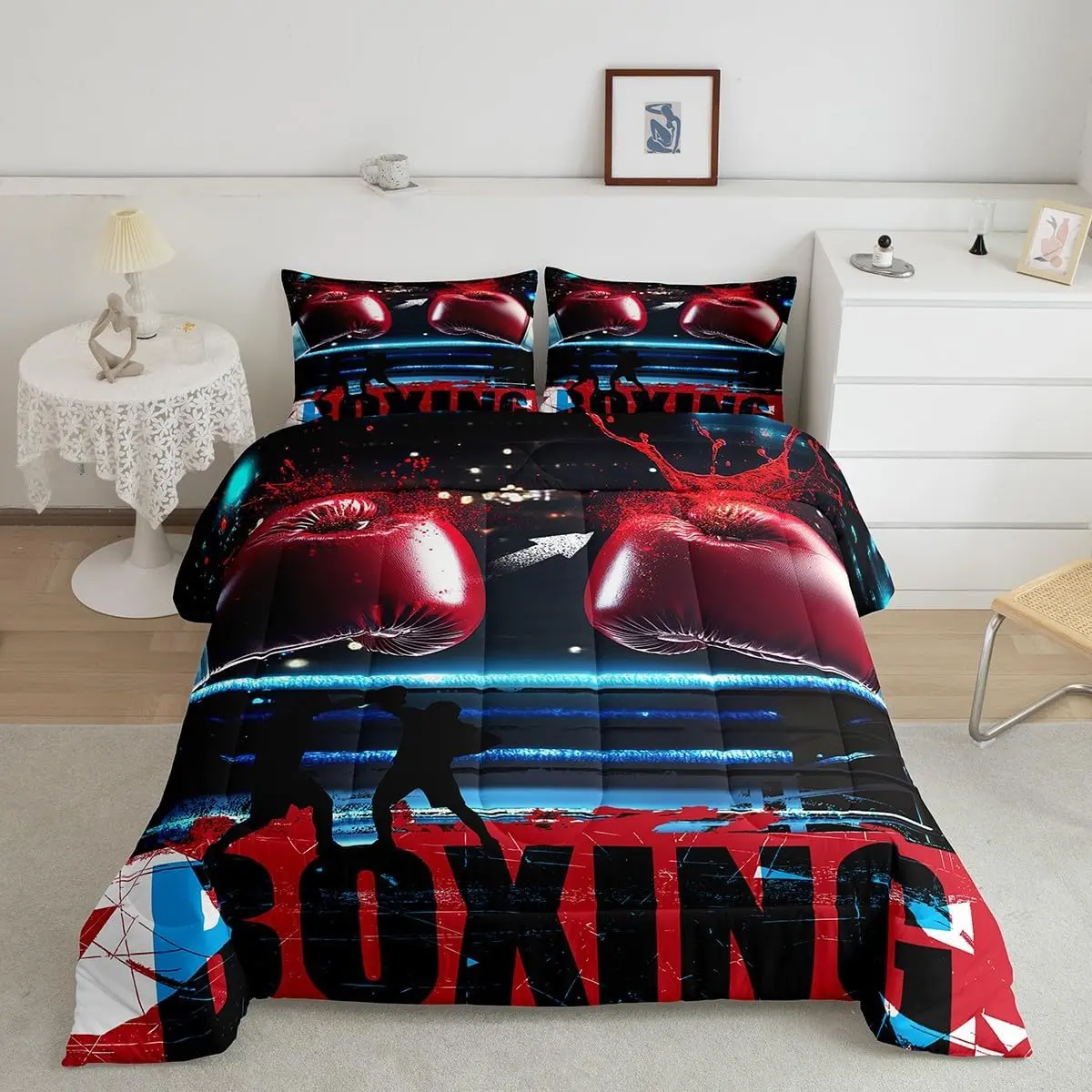Teens Boxing Comforter Set,Sports Games Theme Bedding Set Boxing Gloves Duvet Insert Athlete Silhouette Pattern Quilt Set Room Decor,Blue Red