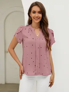 Women's Short Sleeve Chiffon Blouse Summer Top, Small V Neck Heart Pattern Shirt, Fitted Casual Wear for Women