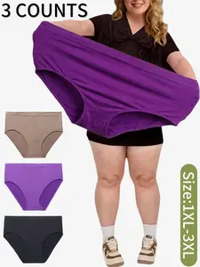 [Plus-Size] Women's Seamless Mid-Waist High Elasticity Breathable Curvy Triangle Panties, 3-Pack, Fitted Casual Everyday Underwear for All Seasons