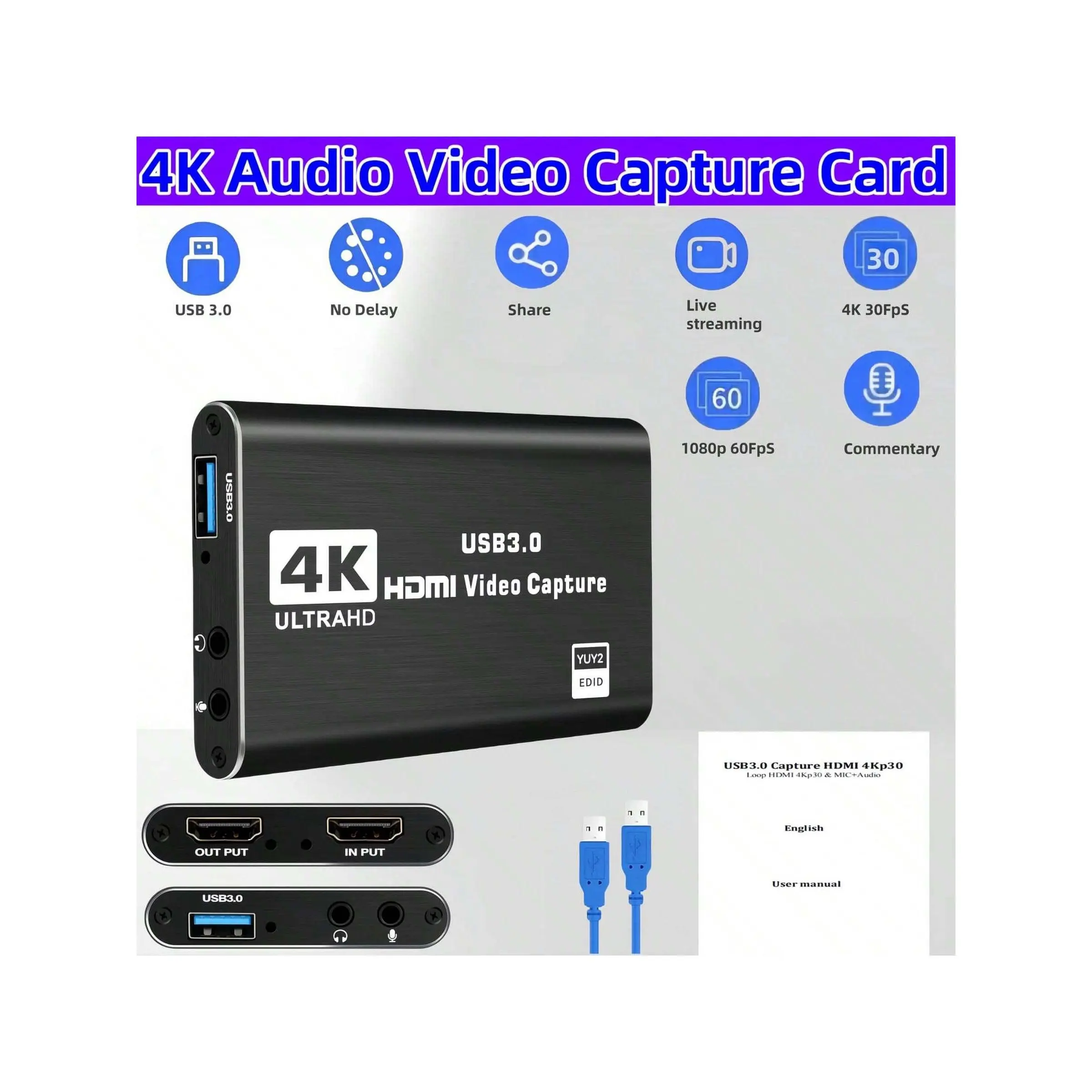 4K High-Definition Game Capture Card - USB3.0 Video Capture Device For , PS5, PS4, Switch, Digital SLR Camera - 1080P 60FPS HDMI Passthrough, OBS Twitch Live Streaming And Recording Compatible #SummerVibes