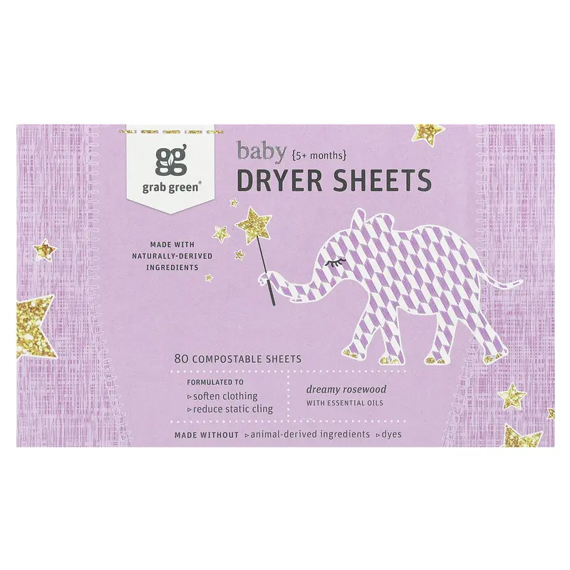 Grab Green Baby Dryer Sheets, 5+ Months, Dreamy Rosewood with Essential Oils, 80 Compostable Sheets