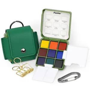 Funto Pocket Watercolor Set with 9 Vibrant Colors, Mini Green Purse, Paint Water Cup, Foldable Palettes & Mini Papers, Travel Friendly Art Kit