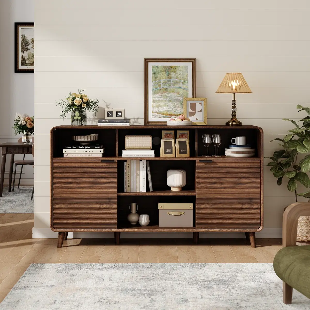 【DealsforYouDays】ONBRILL 58 Inch Curved Sideboard Buffet Cabinet w/2 Wave Doors and Open Storage Spaces, Angled Side Frame, Sideboard Storage with Adjustable Shelves, Coffee Bar Cabinet for Dining Room, Living Room