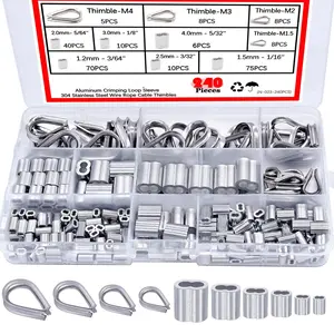 240PCS 304 Stainless Steel Wire Rope Cable Thimbles and Aluminum Crimping Loop Sleeve 3/64''-5/32" for Wire Rope Cable Thimbles Rigging Assortment Kit N-023-240PCS