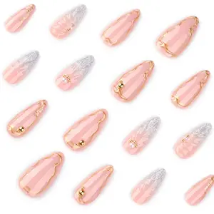 24pcs Waterdrop Almond Nail Art Set, Reusable Glossy False Nails with Drill Gel, Includes File & Jelly Glue, Perfect Gift for Girls & Moms