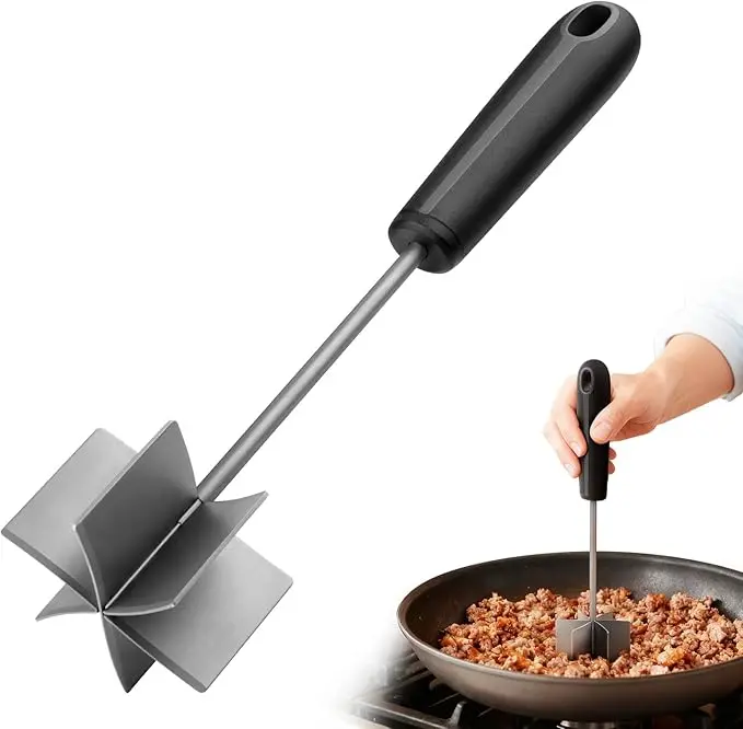 304 Stainless Steel Meat Chopper & Masher, 10 Inch Heat Resistant Ground Beef Chopper Tool with 6 Curve Blades & Ergonomic Non-Slip Handle, Heavy-Duty Hamburger Smasher Tool Dishwasher Safe
