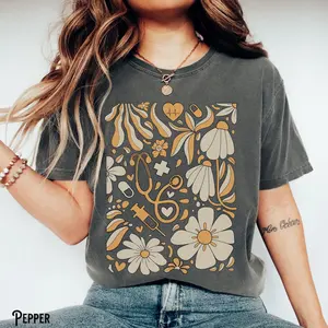 Floral Nurse Shirt, Boho, Botanical, Flowers, Wildflower, Retro, Vintage, Stethoscope, RN, NP, LPN, Registered Nurse Gift Fit Soft