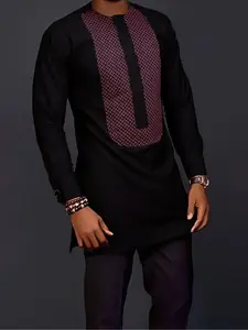 Traditional Muslim African Style Men's Wedding Suit Set, Round Neck Long Sleeve Top and Pants, 2 Piece Set, Formal Wear, Celebration, Tops Menswear