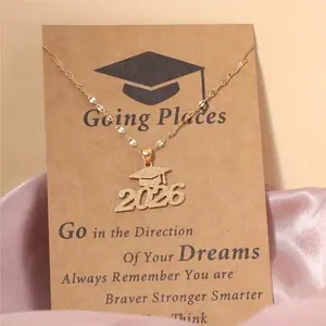 Stainless Steel Matte Golden Mortarboard Featuring Number 2026 Pendant Necklace for Women Graduation Memorial Jewelry Gifts