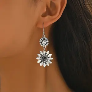 Silver Flower Dangle Earrings for Women, Vintage Style Daisy Drop Earrings, Lightweight Everyday Boho Jewelry summerwins,summerwins