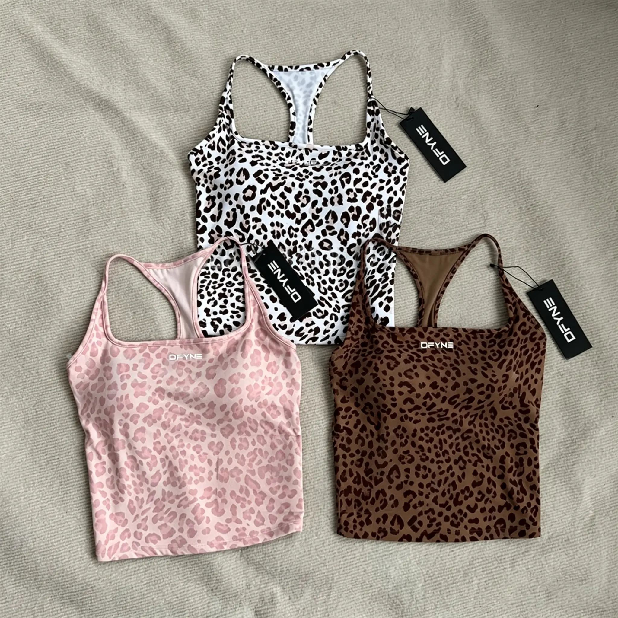 DFYNE Women's Leopard Print Racerback Tank Top - Slim Fit Yoga Cami with Removable Padded Built-In Bra for Gym Workouts, Sporty Sports Clothing Sets