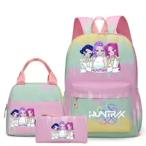New Three-Piece Set: Girls' Colorful Schoolbag, Lunch Bag, and Pencil Case Set — Featuring "Witch Hunt Organization" / Celebrity Prints