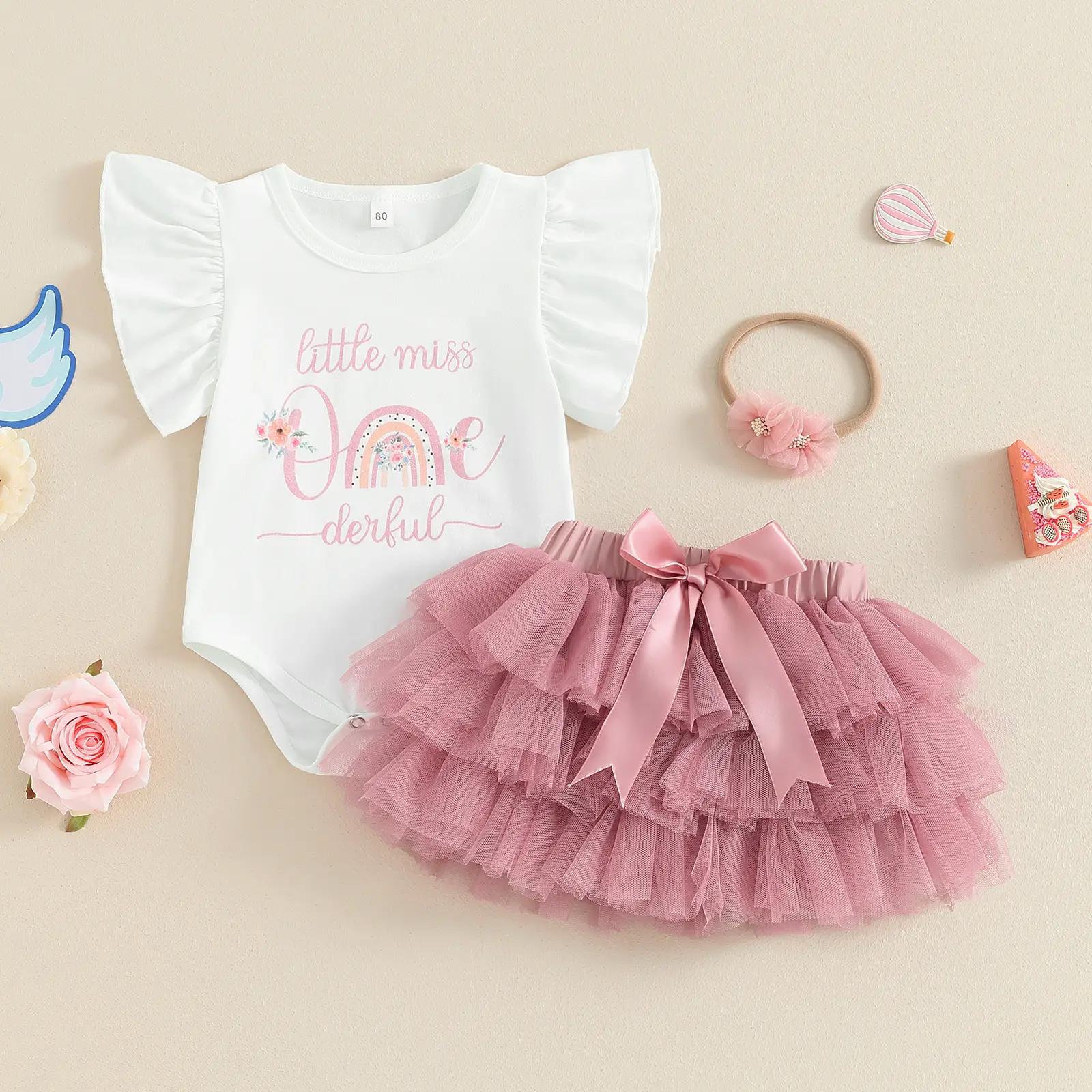 One Birthday Outfit Girl Baby First Birthday Short Sleeve Romper Tutu Skirt Set 1 Year Old Birthday Gift