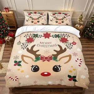 Christmas Cartoon Reindeer Print Bedding Set, Duvet Set, Soft Comfortable Sheet and Pillowcases, Bedroom Dorm Room Decor Gift