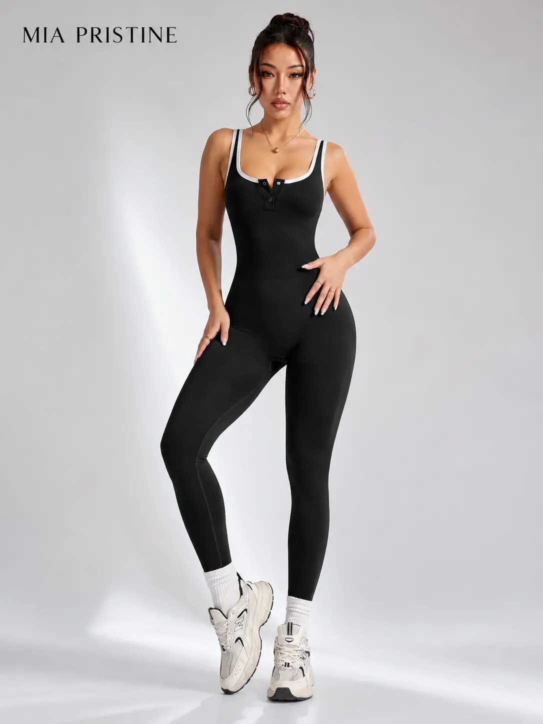 Women's MIA PRISTINE Seamless Color Block U-Neck Sleeveless Cutout Straps Lightweight Jumpsuit - Butt Lifting, Tummy Control, Stretchy Shaping Scrunch Outfit for Yoga, Workout