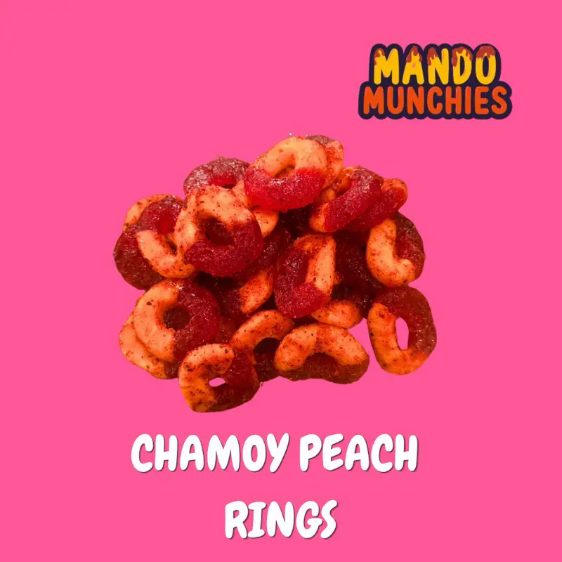 Chamoy Peach Rings - Mando Munchies, Sweet + Sour + Tangy with a little kick, Chewy candy