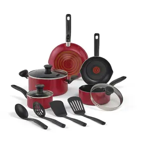 T-Fal 12pc Simply Cook Nonstick Cookware Set Red: Aluminum, Ergonomic Handles, Tempered Glass Lids, Oven-Safe to 350°F