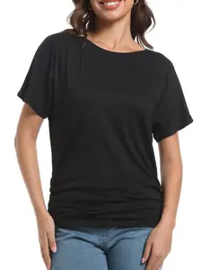 Women's Short Sleeve Boat Neck Dolman Top with Side Shirring