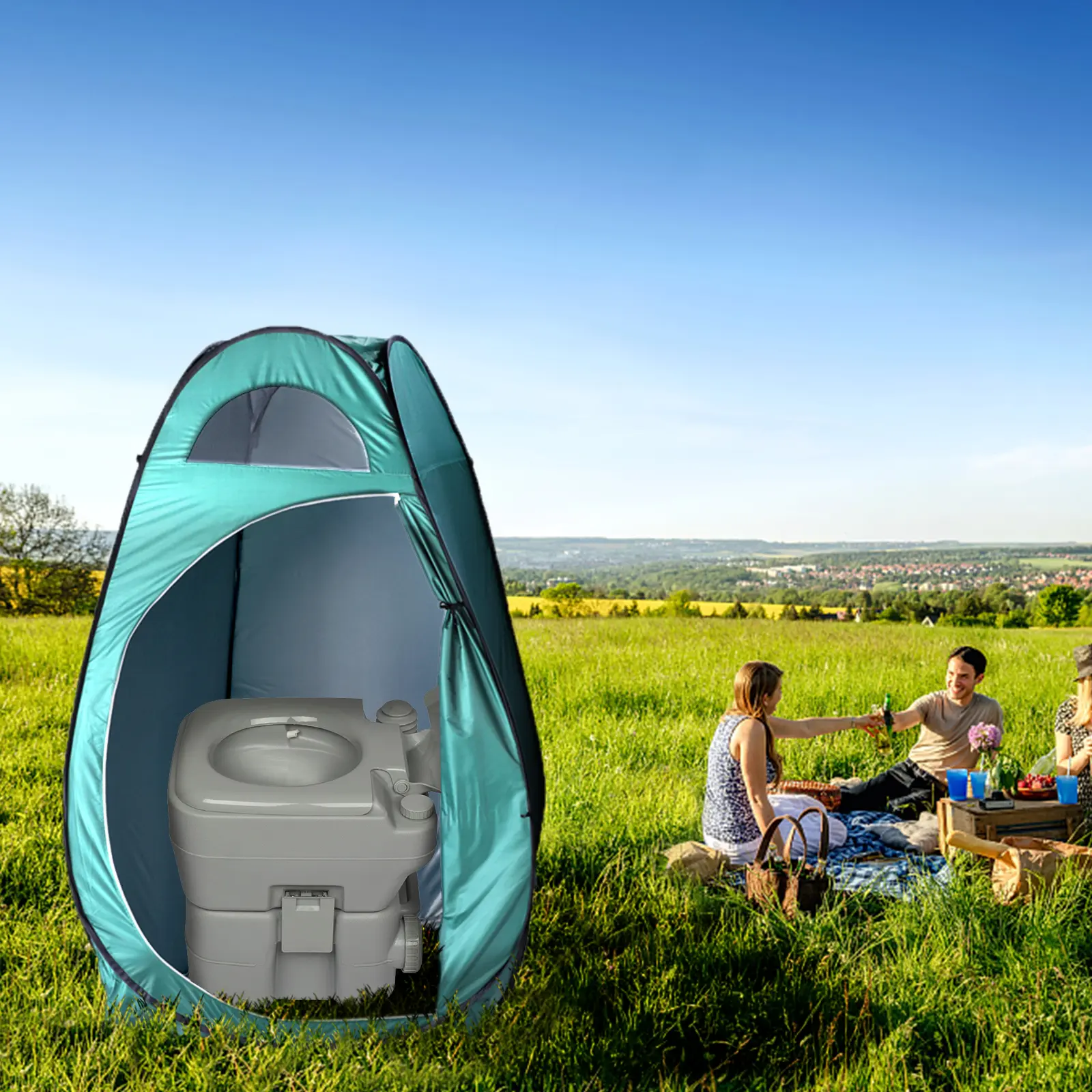 Portable Pop‑Up Privacy Tent with Portable Toilet, Outdoor Camping Shower Toilet Changing Tent for Hiking Road Trip Beach Picnic