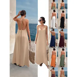 Spring and summer women's long dress, fashionable and casual, solid color V-neck backless sexy long dress, sleeveless strapless elegant dress