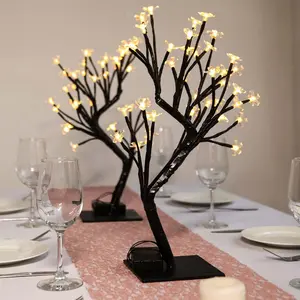 2-Pack Artificial Tree Centerpieces 36 Warm White LEDs Cherry Blossom Design Black - Battery Operated Decorative Lights