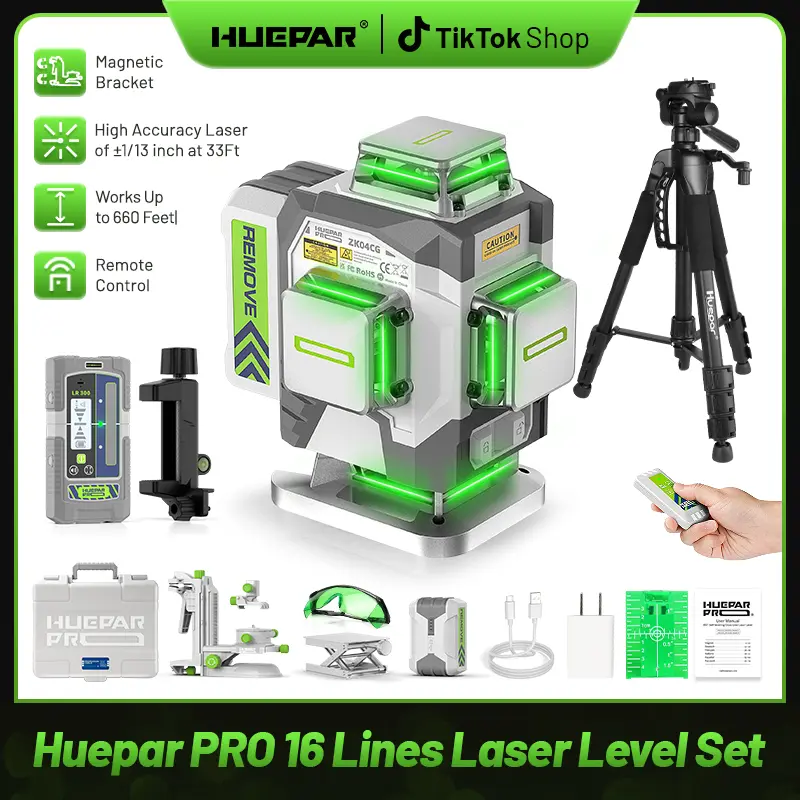 Huepar PRO ZK04CG 16 Lines Self Leveling Green Cross Line Laser Tool, High Accuracy, 8000mAh Rechargeable Li-ion Battery, Laser Level Tripod & Receiver Included, Self Leveling Laser