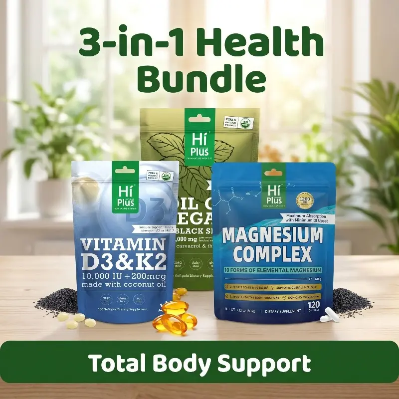 HiPlus Wellness Bundle | Magnesium Complex 1200mg + Vitamin D3 10,000 IU & K2 MK-7 + Oregano Oil with Black Seed Oil | Supports Sleep, Immune Health, Stress Relief, Bone Strength & Muscle Recovery