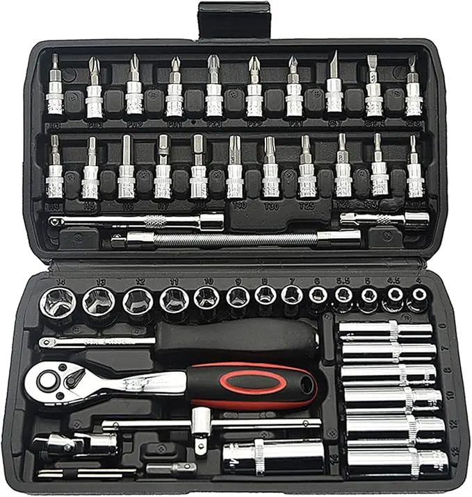 46 Pieces Mechanic Tool Kit,1/4” Dr. Socket Ratchet Wrench Set Bit Sockets Extension Bar,Metric Mechanical Tool Kit for Auto Repairing Household