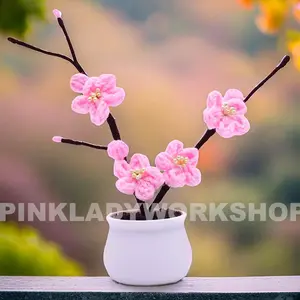 Handmade Crochet Plum Blossom | Sakura Decor | Cherry Blossoms Crochet Pot | Japanese Flowers | Decorative Plants