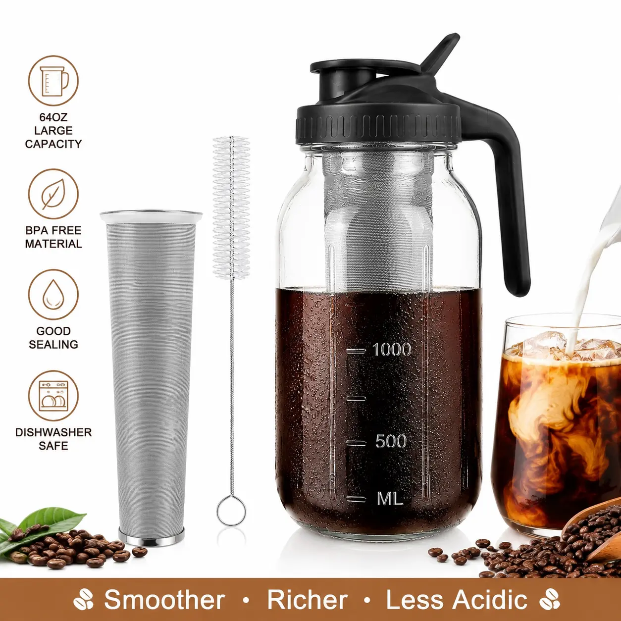 64 oz Cold Brew Coffee Maker - Mason Jar Pitcher with Fine Mesh Filter & Leakproof Pour Spout Lid for Home Barista