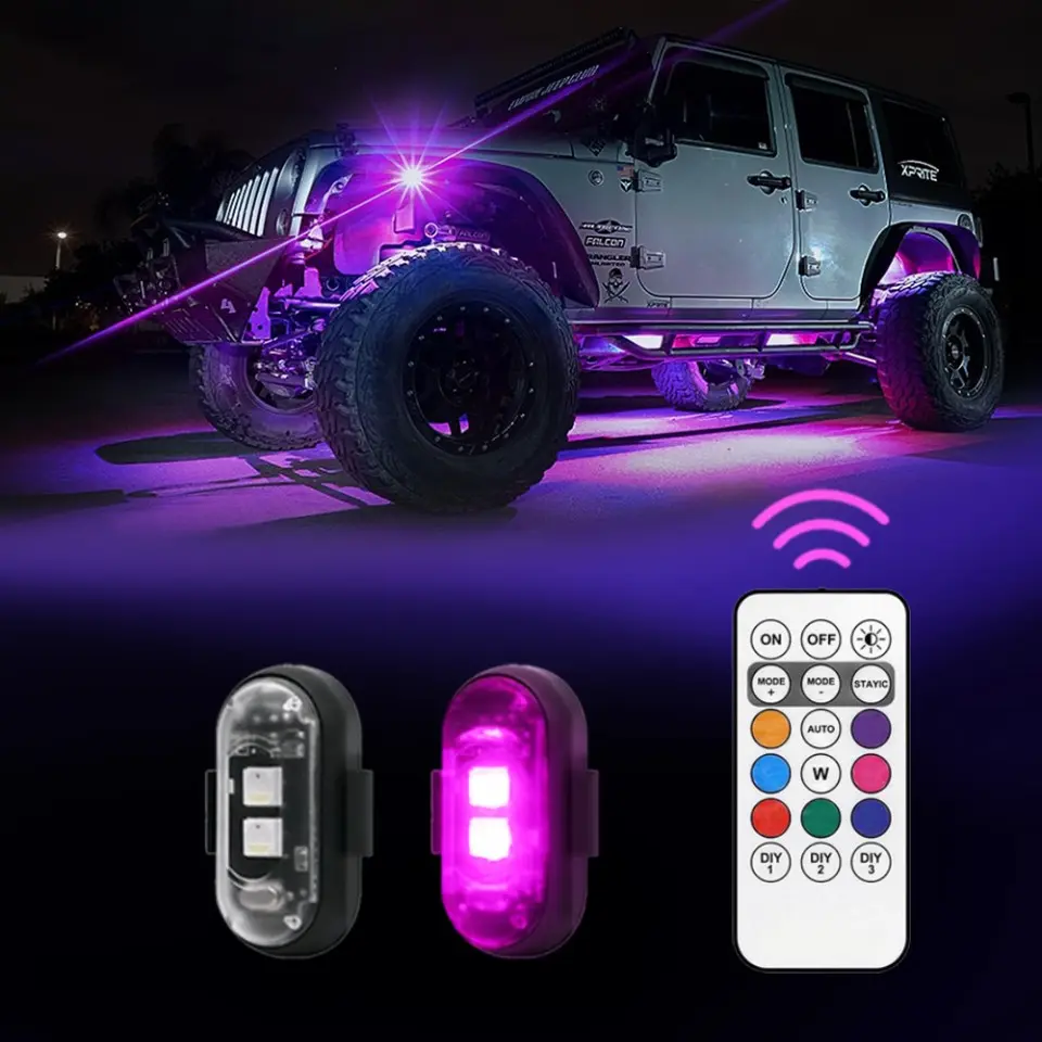 RGB LED Car Footwell Light with Remote Control, USB Rechargeable Ambient Interior Light, Waterproof Under Dash Decoration Lamp for Cars Motorcycles SUVs Pickups, Exterior Car Mods Gift for Women Men Holiday Decor, Interior Car Lights