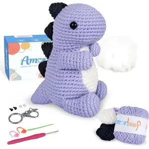 Crochet Kit for Beginners – Easy-to-See Stitches Yarn, Pre-Started Piece, and Step-by-Step Video Tutorials | Starter Crochet Set with Cute Animal Pattern – Original Handmade Dinosaur Pattern