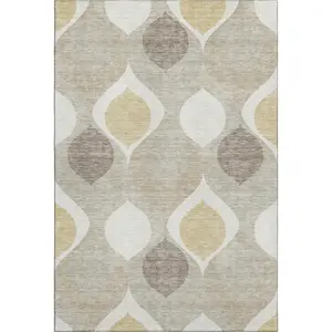 HomeRoots 663040 9x12 ft. Beige-Ivory-Gold Ogee Grippy Machine-Made Rectangle Area Rug, Washable with UV Protection, Grippy Area Rugs