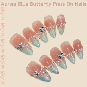 【Lucy UU】Luxury Nude Pink 3-Style Nail Diamond Butterfly Gold Brushstroke Press-Ons Old Money Elegance Nails