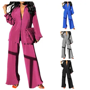 DUTUT Women's Casual 2 Piece Set Outfits Lounge Pajama Sets Longsleeve Button Down Shirts Long Trouser Fashion Loungewear Comfort Polyester Fabric Loose Fit Chic Everyday Wear