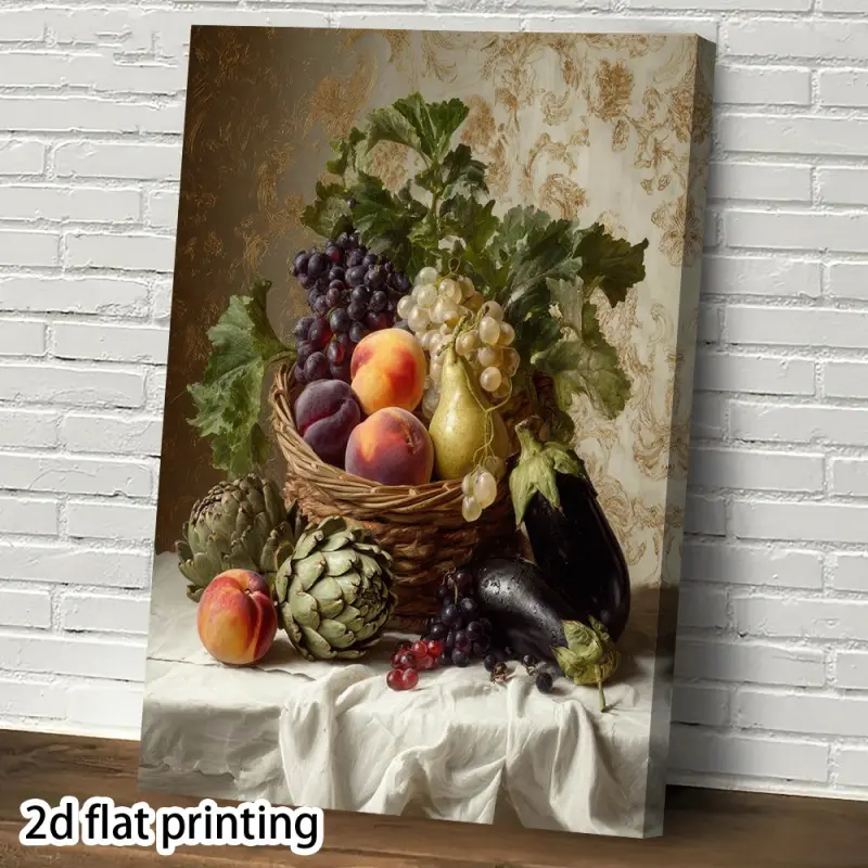 1 Piece Vintage Kitchen Wall Art - Grape, Watermelon, Eggplant Pastoral Still Life Canvas Painting - Waterproof Framed Decoration, Living Room, Dining Room - Country or Modern Home Decor - 2 Sizes Available, Classic Artwork, Decorative Artwork