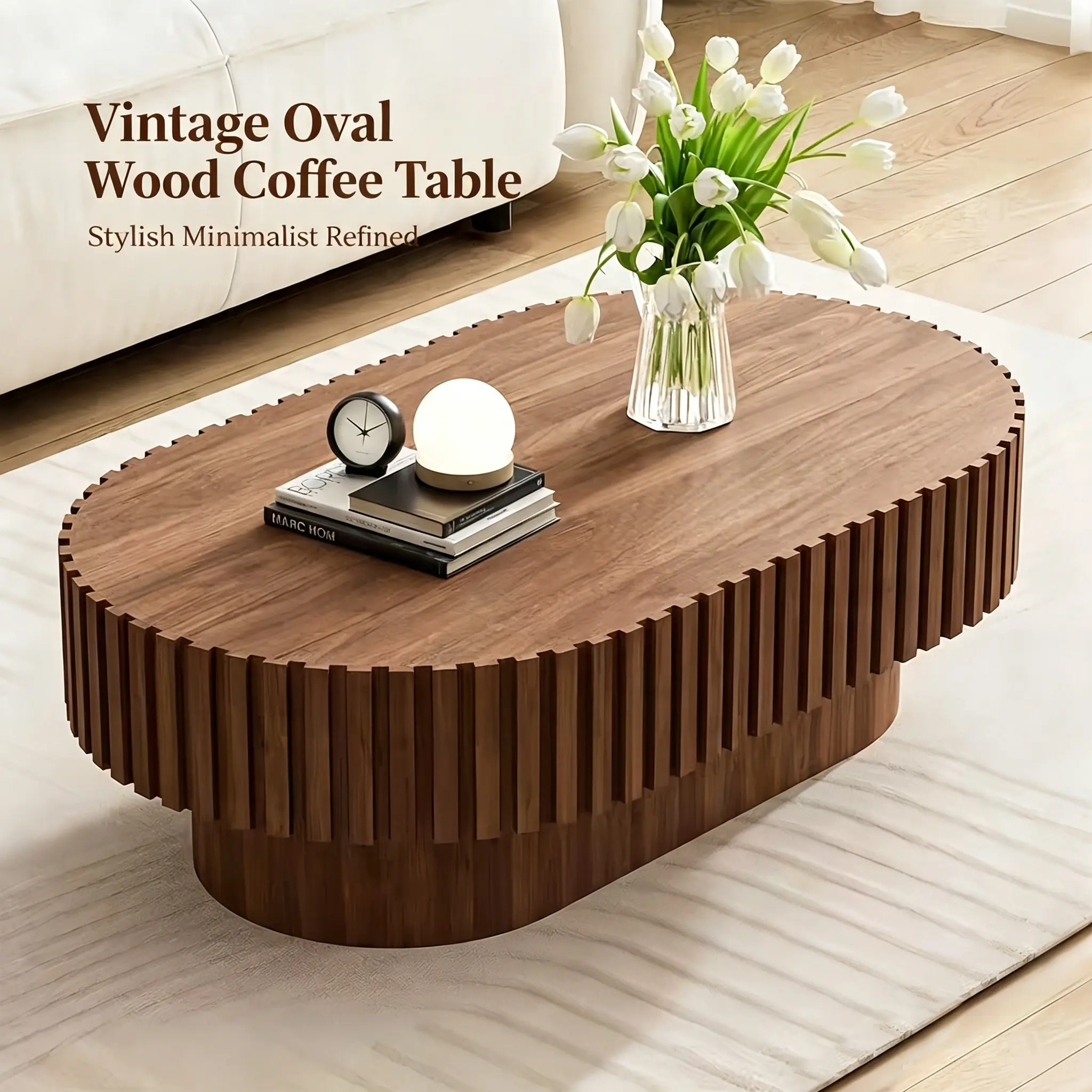 Vintage Oval Wood Coffee Table Fluted Grooved Top Pedestal Modern Accent for Living Room Entryway Small Space Home Decor Walnut 43" style circle live finish
