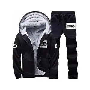 Men’s autumn and winter sports and leisure set with a wool lining, featuring a hooded jacket and pants with letter print details, suitable for wearing at home and during casual occasions.