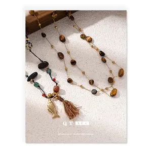 Vintage High-End Natural Tiger Eye Stone Beaded Necklace with Exquisite Fish Pendant Versatile Autumn Winter Accessories venom chains hmong necklaces gifts for bestfriend sorority chain smiling friends accessories whoops boy love jewelry mexican shop