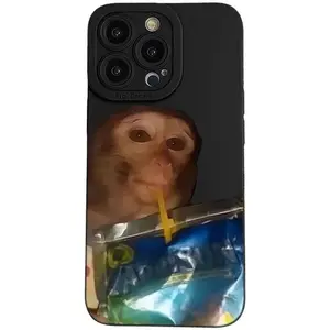 JDIV Monkey Phone Case, Funny Monkey Drinking Capri Sun Phone Case Compatible for Iphone 16/15/14/13/12/11 Promax (Black-A,12)