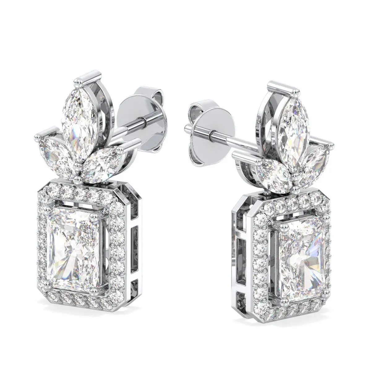 4 Carat Moissanite Dangle Earrings: Radiant, Marquise & Round Cut, Sterling Silver