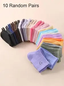 10 Pairs Random Colorful Mid-Calf Socks, Versatile Heart Pattern Long Socks, Sweat Absorbing Breathable Stacking Socks