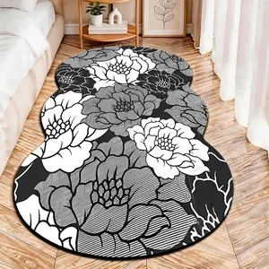 2D Flat velvet irregular rug with black, white and gray line art flower pattern in sketch style, machine washable non-slip carpet for bedroom/modern minimalist spaces, all seasons decor, durable & easy to clean.