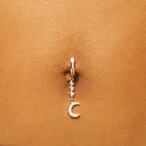 Dangle Moon & Star Clicker Belly Ring - Surgical Steel, 14 Gauge, Hypoallergenic, 10mm Bar Length
