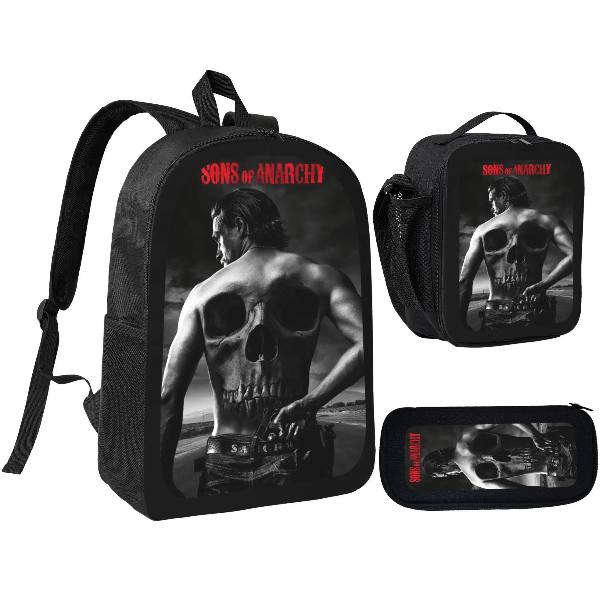 [3Pcs Backpack Set] Sons Of Anarchy Skull Biker Theme with Lunch Bag Pencil Pouch School Bag for Teens Boys Fans Motorcycle Club Lovers Daily Use Travel Gift