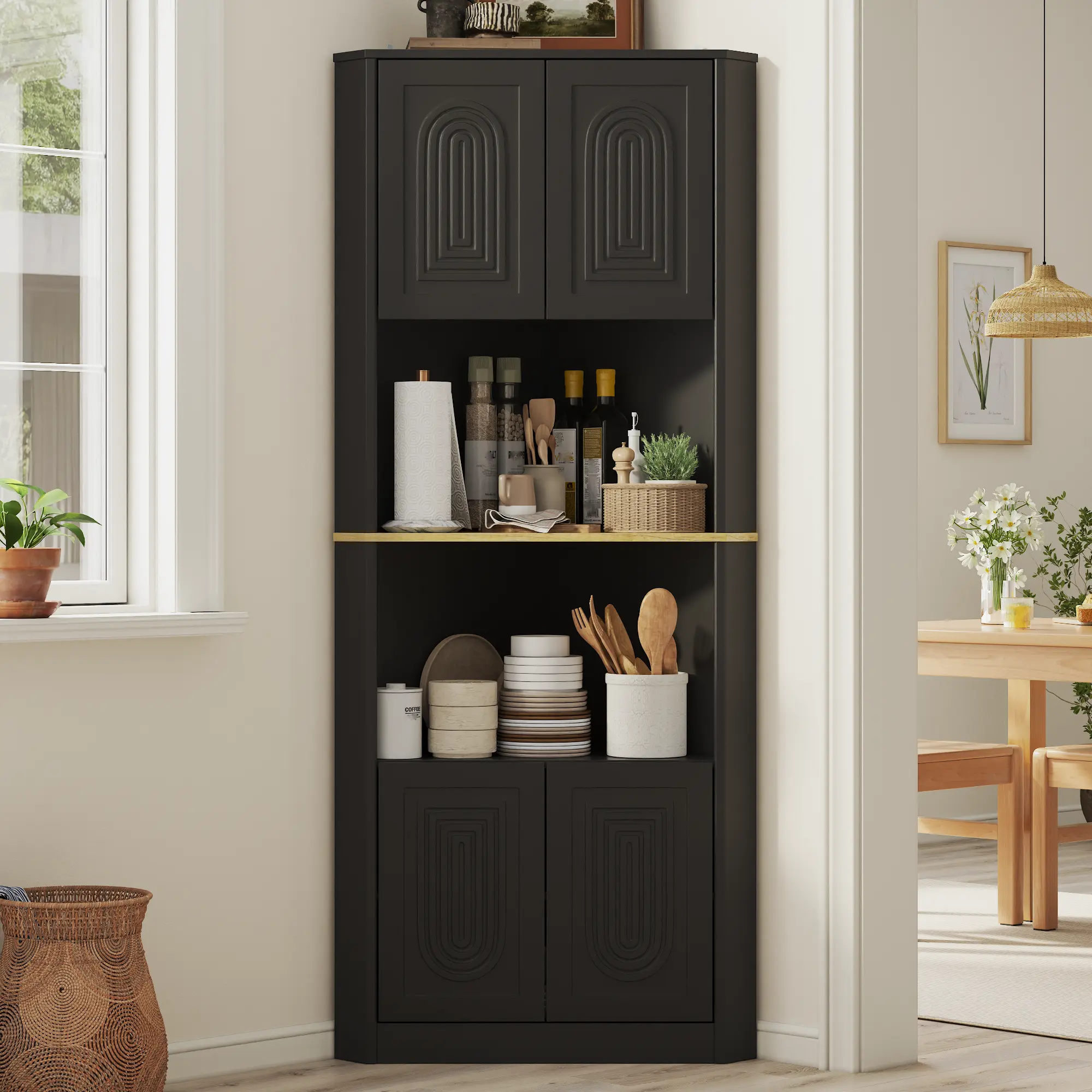 Gyfimoie Farmhouse Corner Storage Cabinet, Freestanding Tall Kitchen Food Pantry Cabinet with Doors & Adjustable Shelves, Black Corner Storage Organizer for Kitchen Living Room